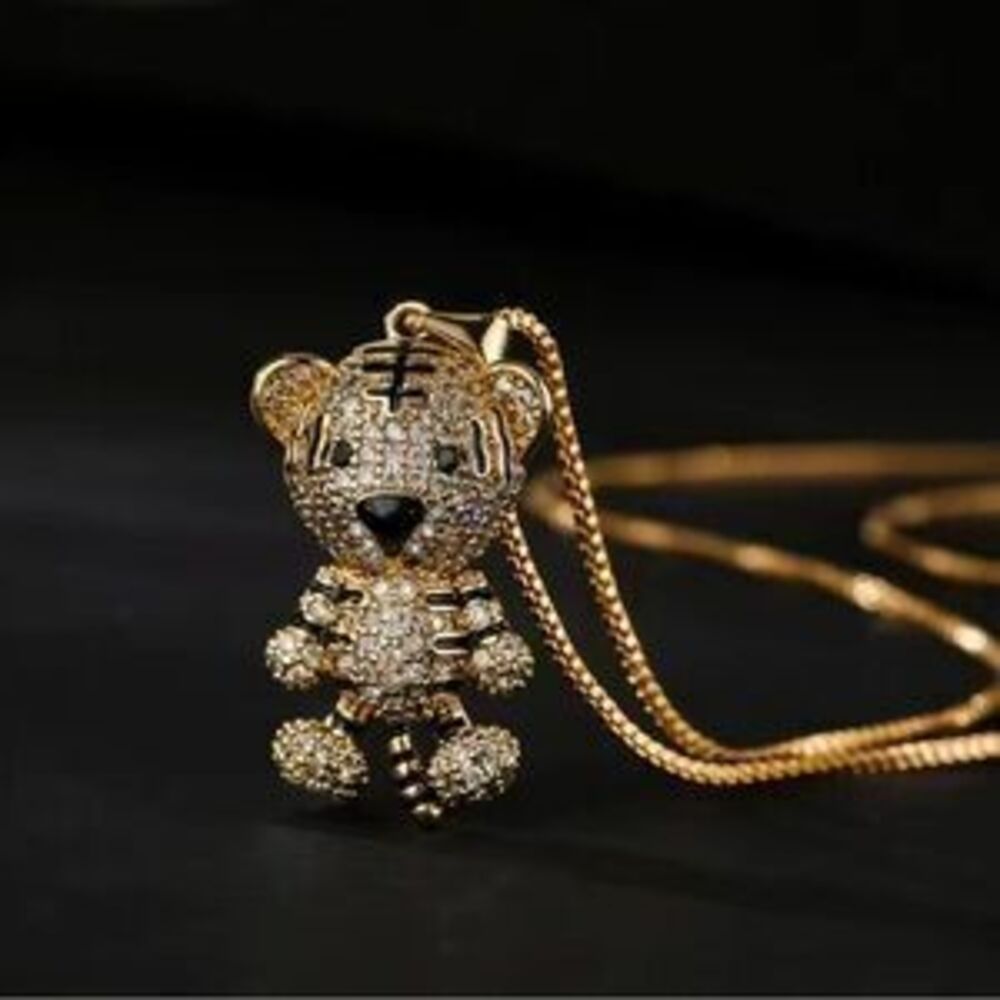 Gold Tiger Rhinestones Pendant Necklace